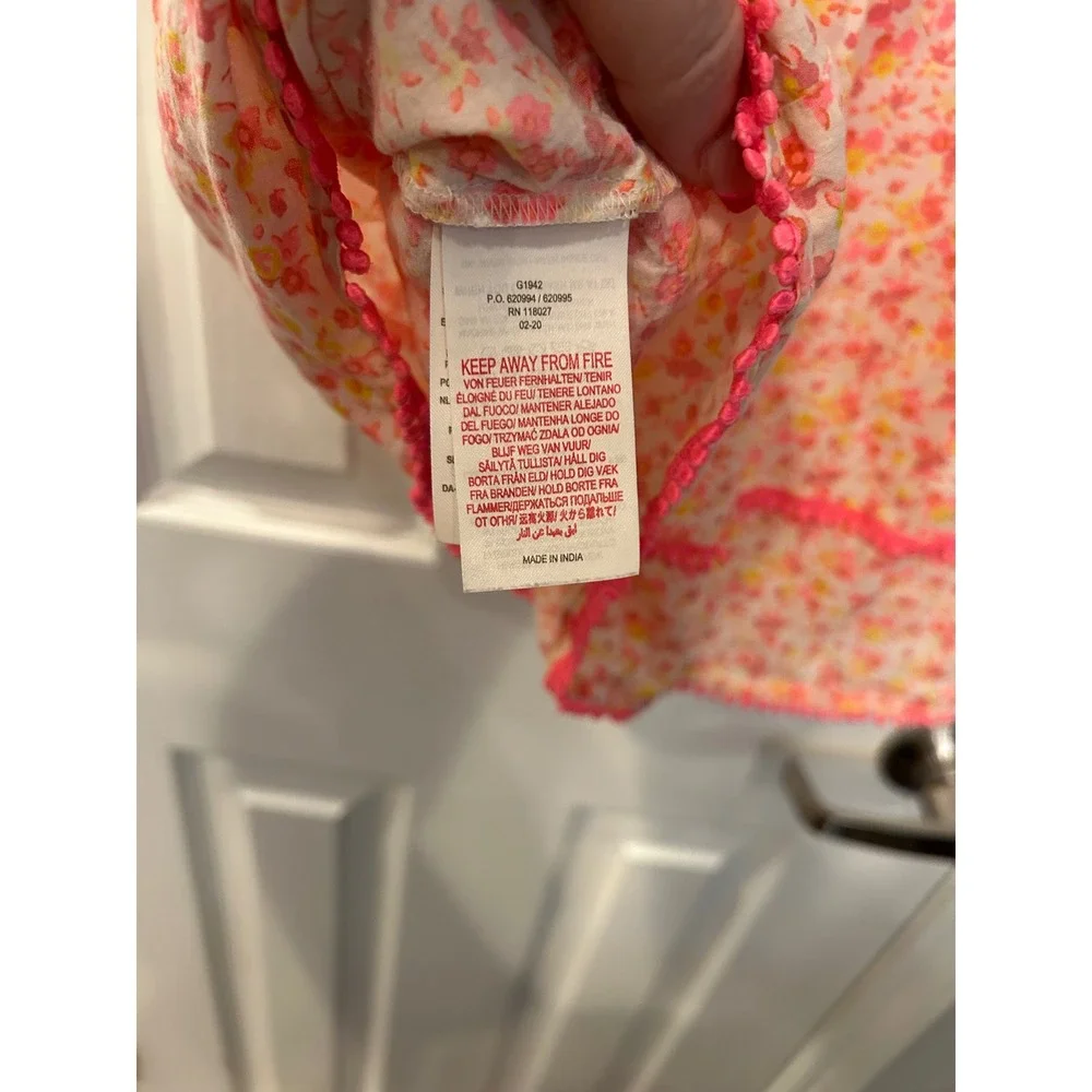 Mini Boden Dress Pink Orange Floral Pom Pom Trim Short‎ Sleeve Girls 5-6Y